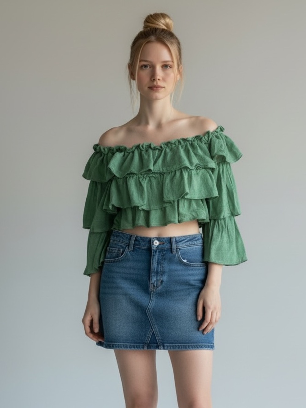 The Sang Kelly Green Off-Shoulder Ruffle Crop Top. Bell sleeves. Size L. Boho